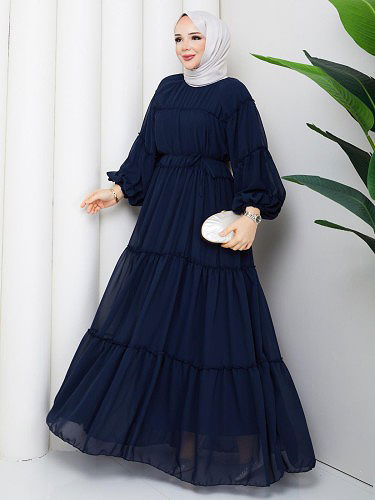Modaebva - Kat Kat Şifon Tesettür Elbise-5105 Lacivert