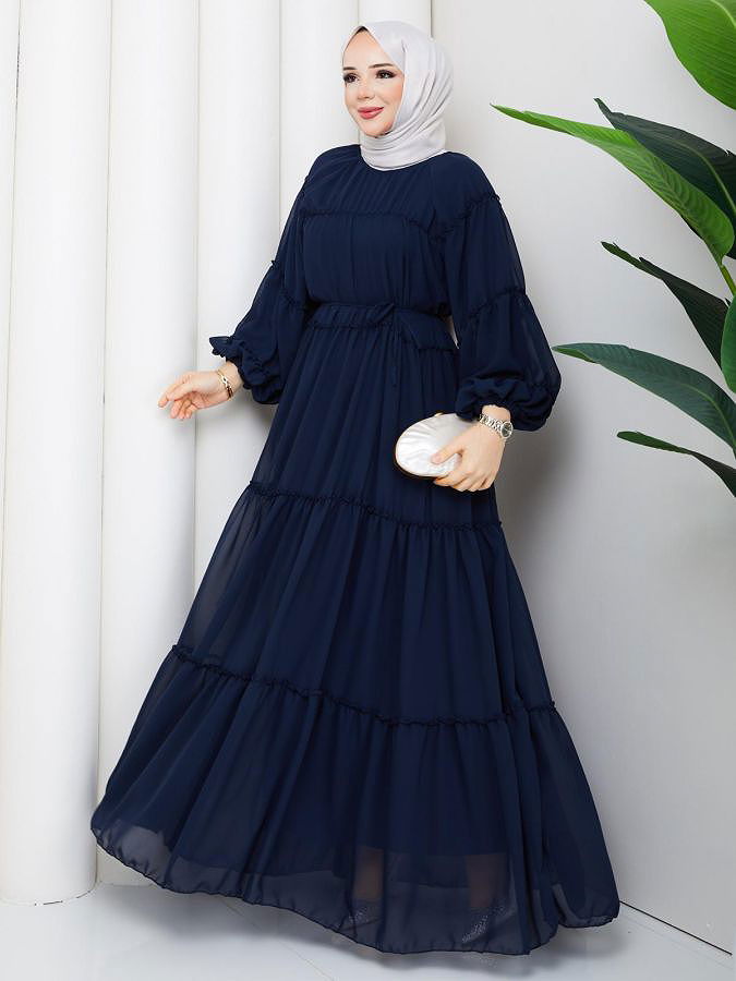 Kat Kat Şifon Tesettür Elbise-5105 Lacivert