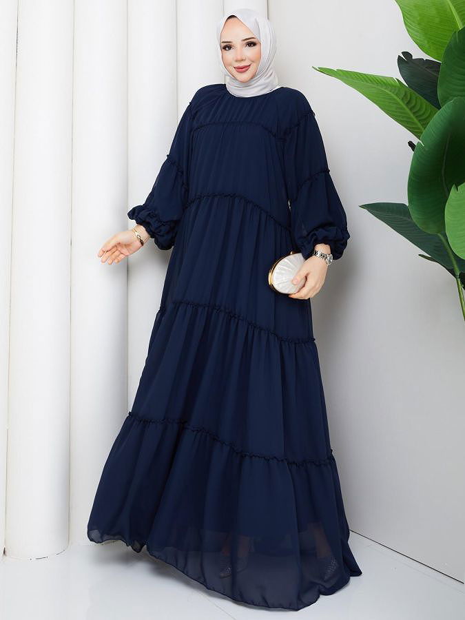 Kat Kat Şifon Tesettür Elbise-5105 Lacivert