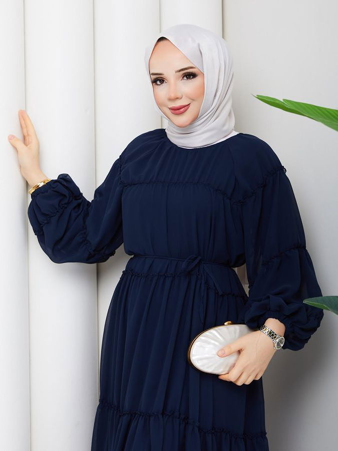 Kat Kat Şifon Tesettür Elbise-5105 Lacivert