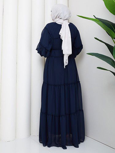 Kat Kat Şifon Tesettür Elbise-5105 Lacivert - Thumbnail