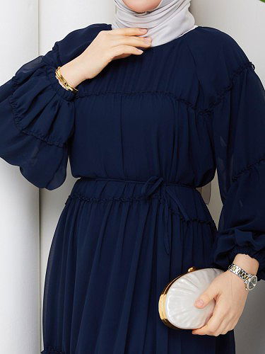 Kat Kat Şifon Tesettür Elbise-5105 Lacivert - Thumbnail