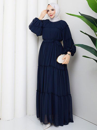 Kat Kat Şifon Tesettür Elbise-5105 Lacivert - Thumbnail