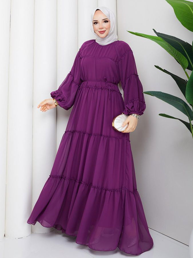 Kat Kat Şifon Tesettür Elbise-5105 Mor