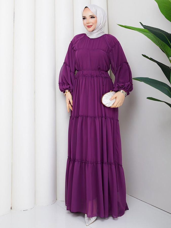 Kat Kat Şifon Tesettür Elbise-5105 Mor