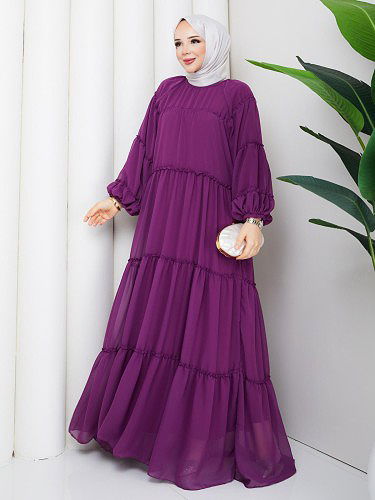 Kat Kat Şifon Tesettür Elbise-5105 Mor - Thumbnail