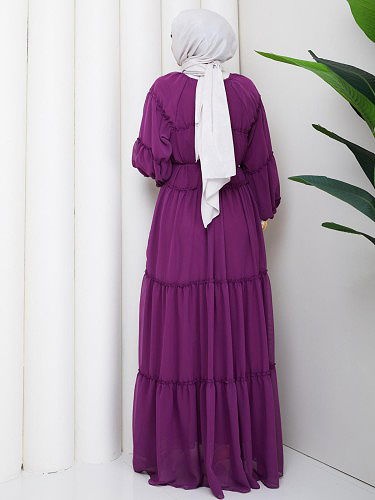 Kat Kat Şifon Tesettür Elbise-5105 Mor - Thumbnail
