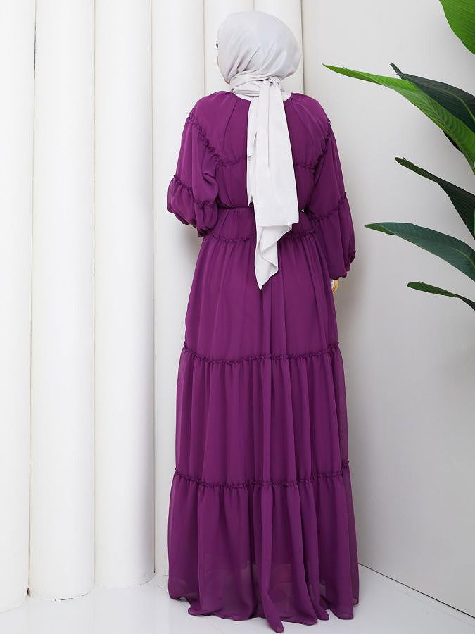 Kat Kat Şifon Tesettür Elbise-5105 Mor