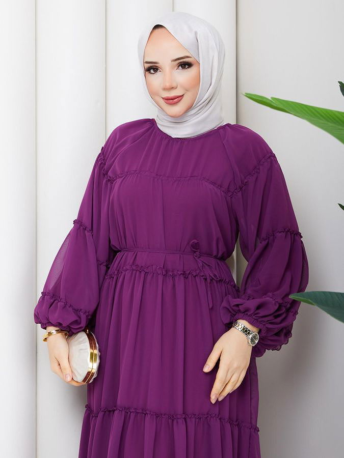 Kat Kat Şifon Tesettür Elbise-5105 Mor