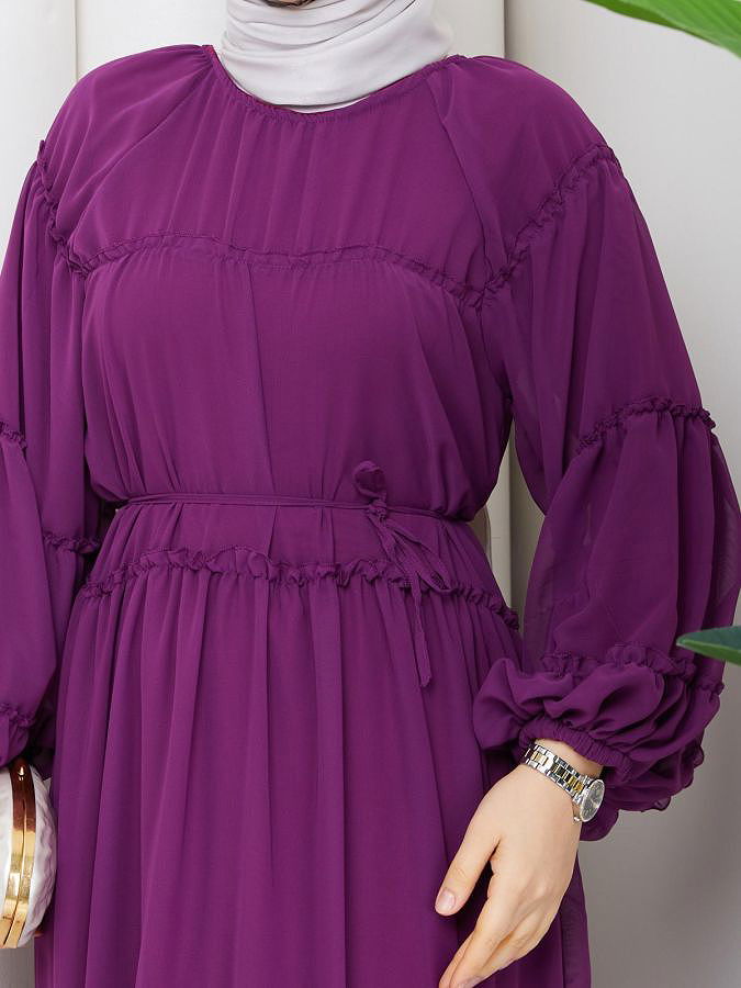 Kat Kat Şifon Tesettür Elbise-5105 Mor