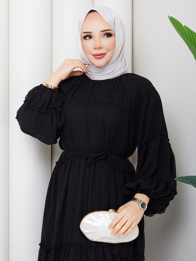 Kat Kat Şifon Tesettür Elbise-5105 Siyah
