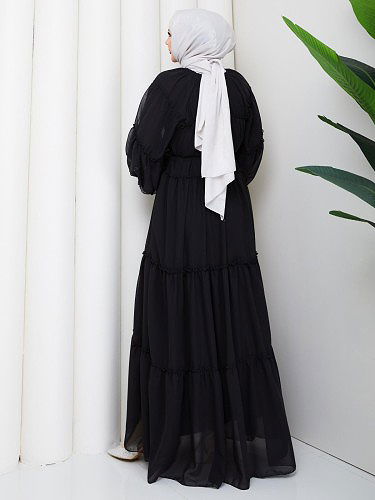 Kat Kat Şifon Tesettür Elbise-5105 Siyah - Thumbnail