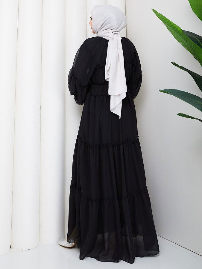 Kat Kat Şifon Tesettür Elbise-5105 Siyah