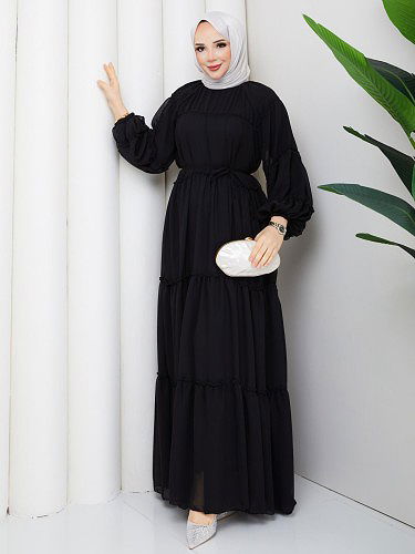 Modaebva - Kat Kat Şifon Tesettür Elbise-5105 Siyah (1)