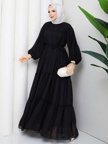 Modaebva - Kat Kat Şifon Tesettür Elbise-5105 Siyah