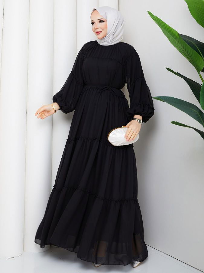 Kat Kat Şifon Tesettür Elbise-5105 Siyah