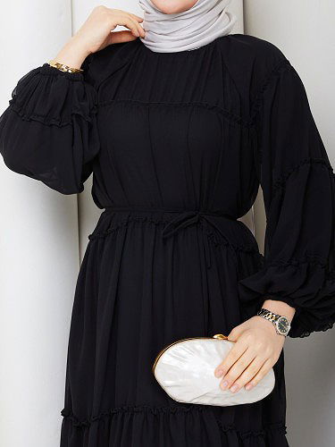 Kat Kat Şifon Tesettür Elbise-5105 Siyah - Thumbnail