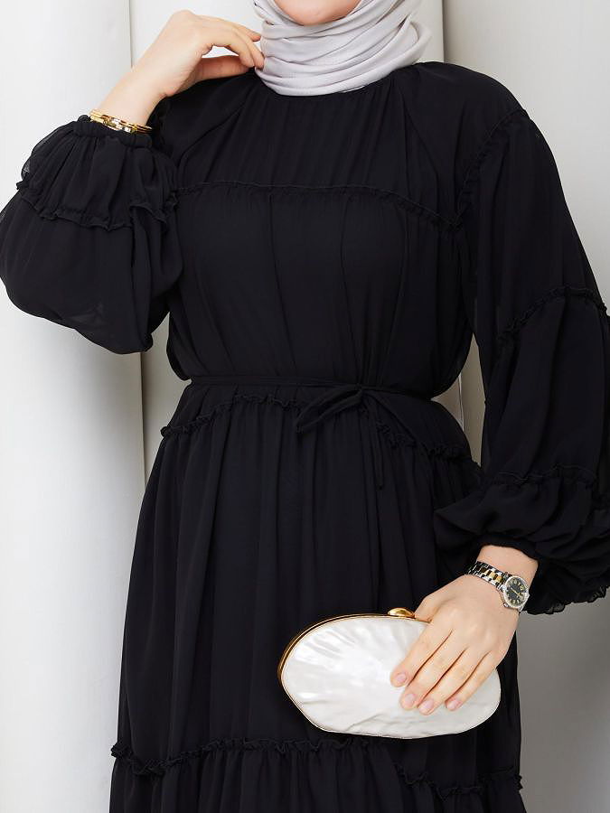 Kat Kat Şifon Tesettür Elbise-5105 Siyah