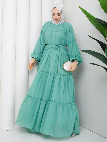 Modaebva - Kat Kat Şifon Tesettür Elbise-5105 Suyeşili