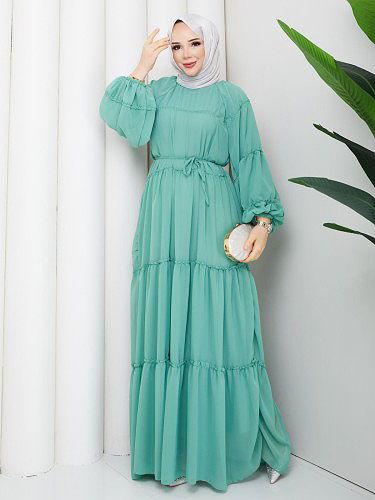 Kat Kat Şifon Tesettür Elbise-5105 Suyeşili - Thumbnail