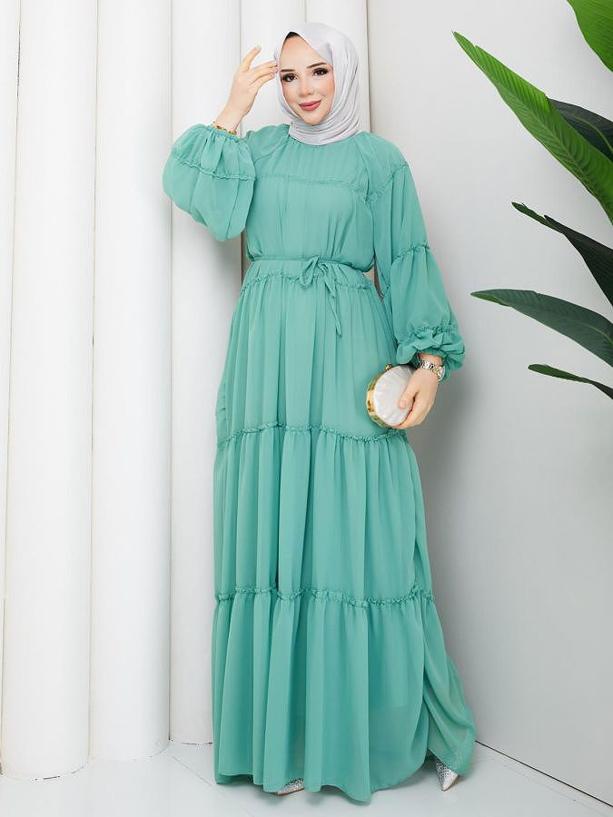 Kat Kat Şifon Tesettür Elbise-5105 Suyeşili