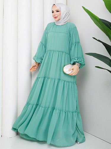 Modaebva - Kat Kat Şifon Tesettür Elbise-5105 Suyeşili (1)