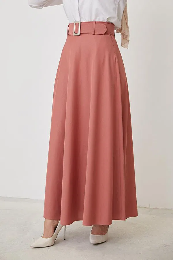 Kemerli Kloş Etek-3078 Gülkurusu