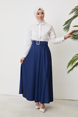 Modaebva - Kemerli Kloş Etek-3078 İndigo