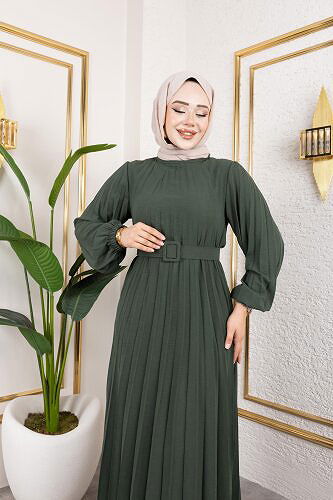 Kemerli Pliseli Tesettür Elbise-3042 Haki yeşili - Thumbnail