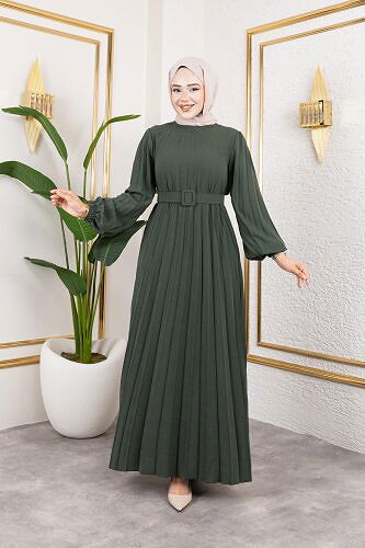 Modaebva - Kemerli Pliseli Tesettür Elbise-3042 Haki yeşili