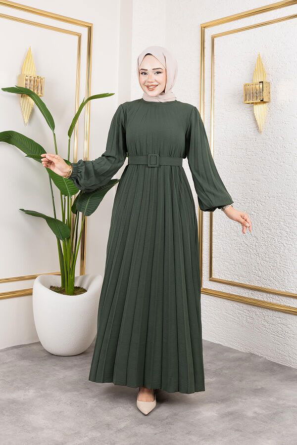 Kemerli Pliseli Tesettür Elbise-3042 Haki yeşili