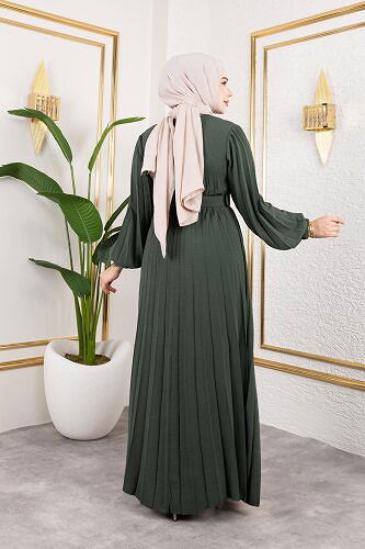 Kemerli Pliseli Tesettür Elbise-3042 Haki yeşili - Thumbnail
