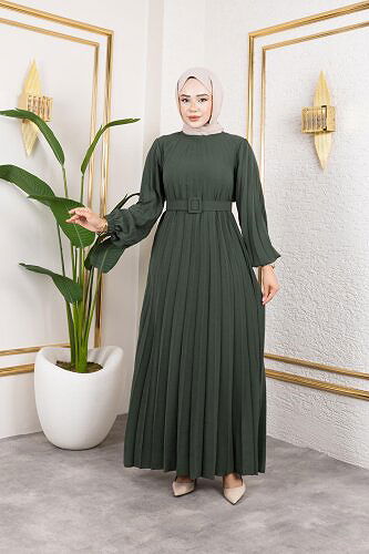 Kemerli Pliseli Tesettür Elbise-3042 Haki yeşili - Thumbnail