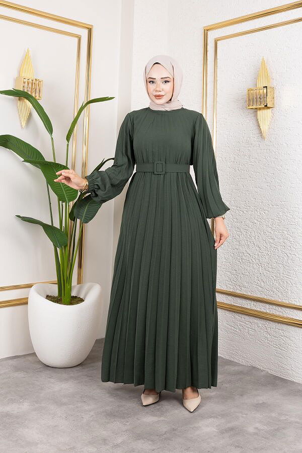 Kemerli Pliseli Tesettür Elbise-3042 Haki yeşili