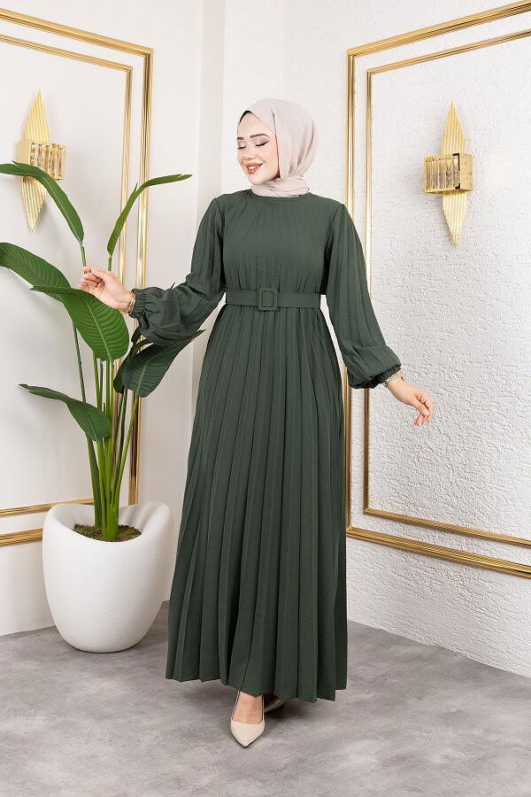 Kemerli Pliseli Tesettür Elbise-3042 Haki yeşili