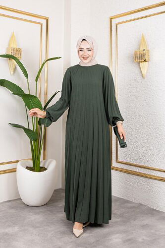 Modaebva - Kemerli Pliseli Tesettür Elbise-3042 Haki yeşili (1)