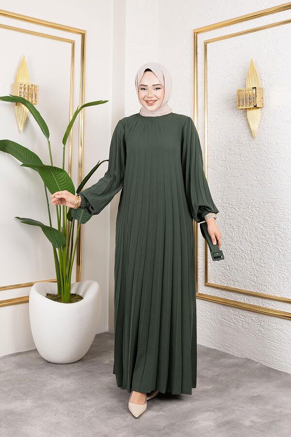 Kemerli Pliseli Tesettür Elbise-3042 Haki yeşili