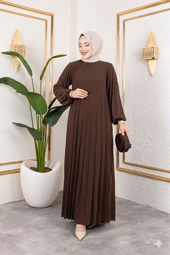Kemerli Pliseli Tesettür Elbise-3042 Kahverengi - Thumbnail
