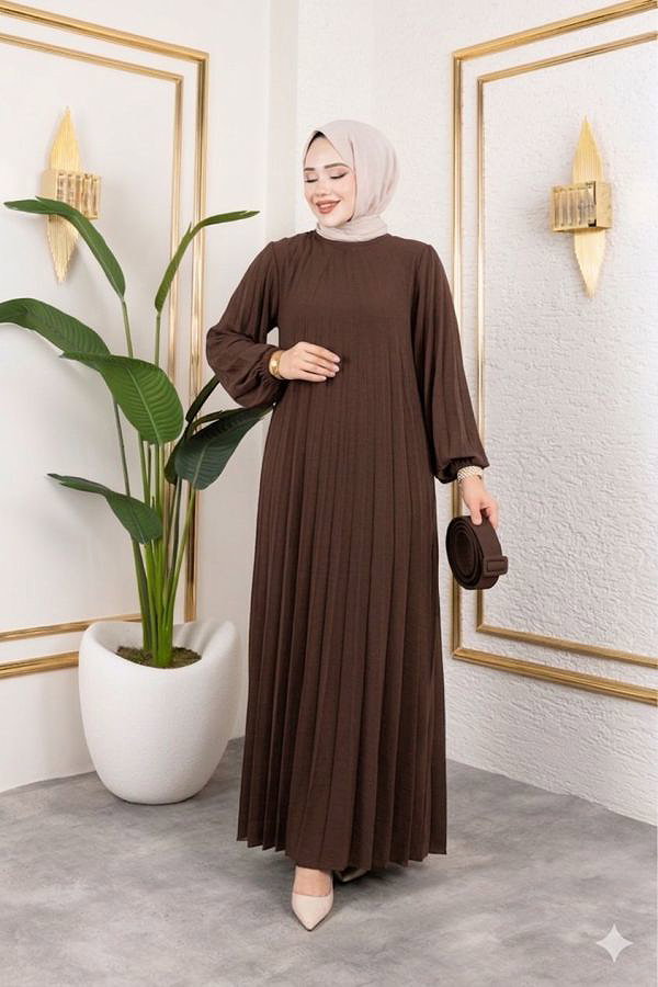 Kemerli Pliseli Tesettür Elbise-3042 Kahverengi