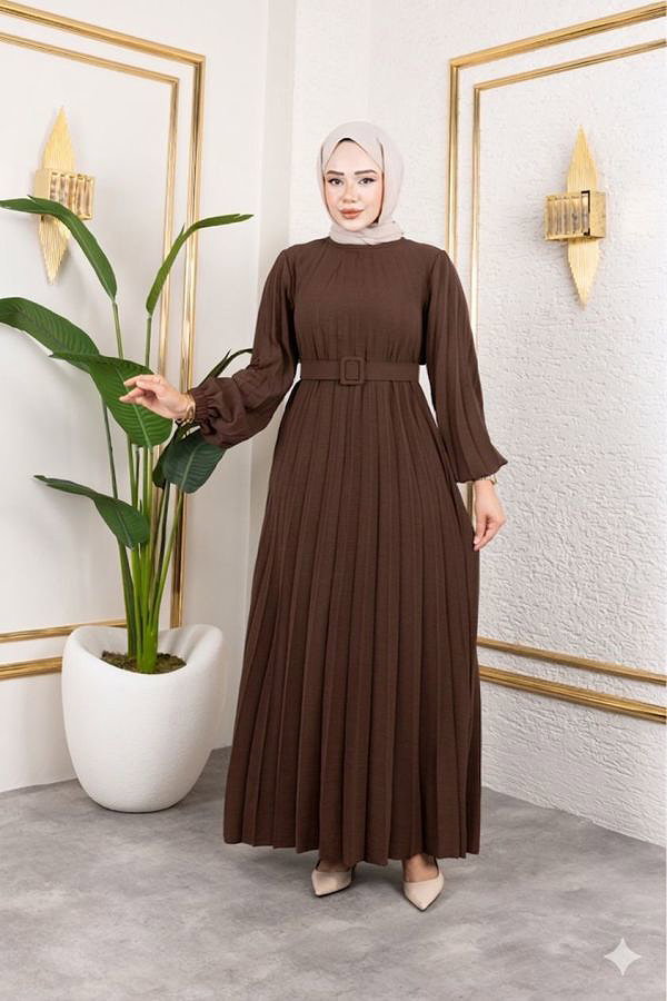 Kemerli Pliseli Tesettür Elbise-3042 Kahverengi