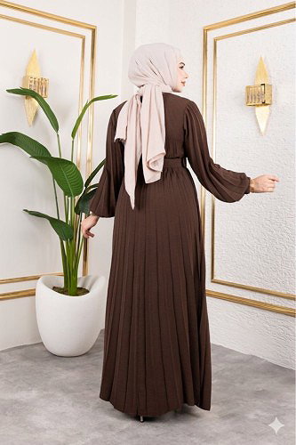 Kemerli Pliseli Tesettür Elbise-3042 Kahverengi - Thumbnail