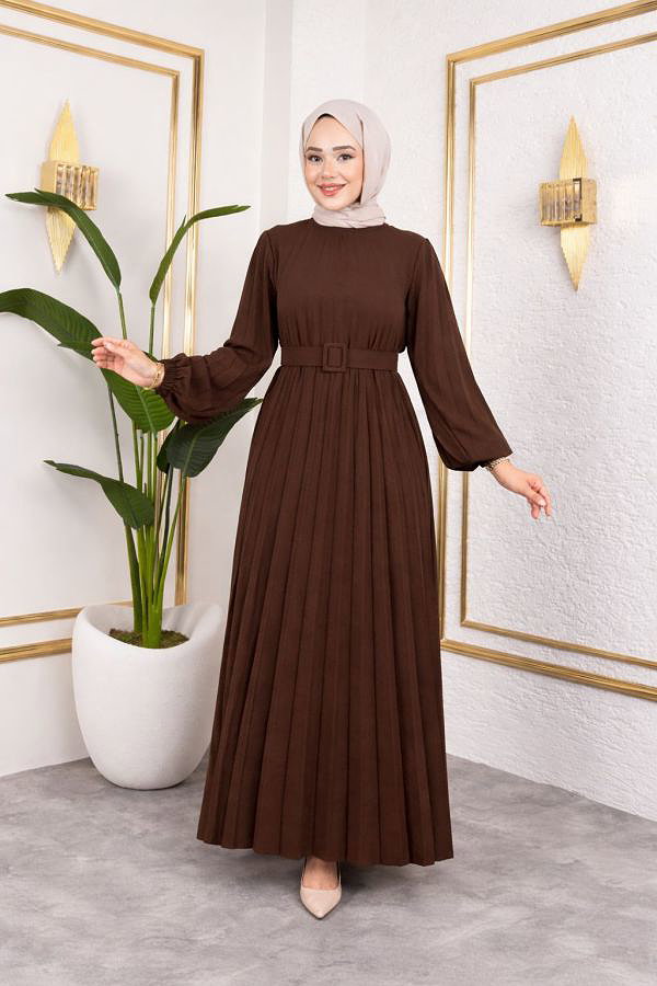Kemerli Pliseli Tesettür Elbise-3042 Kahverengi