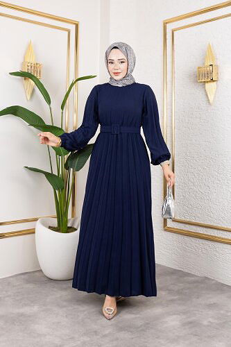 Modaebva - Kemerli Pliseli Tesettür Elbise-3042 Lacivert