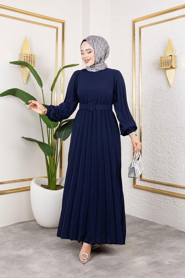 Kemerli Pliseli Tesettür Elbise-3042 Lacivert