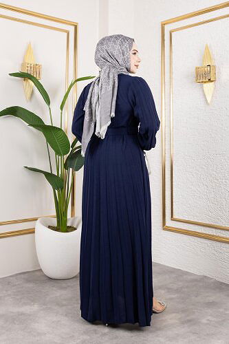 Kemerli Pliseli Tesettür Elbise-3042 Lacivert - Thumbnail