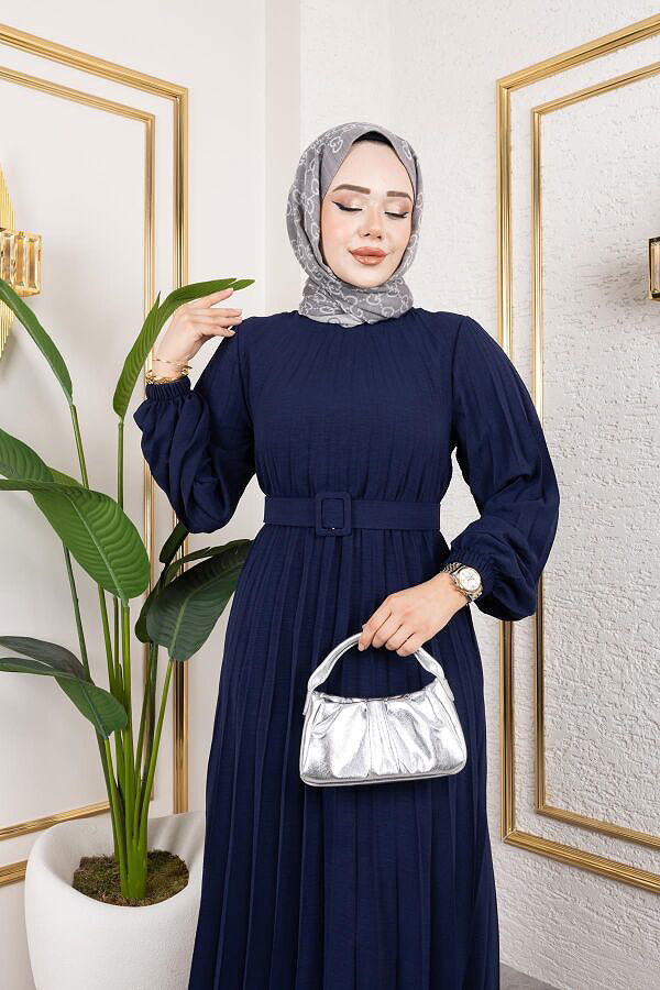 Kemerli Pliseli Tesettür Elbise-3042 Lacivert