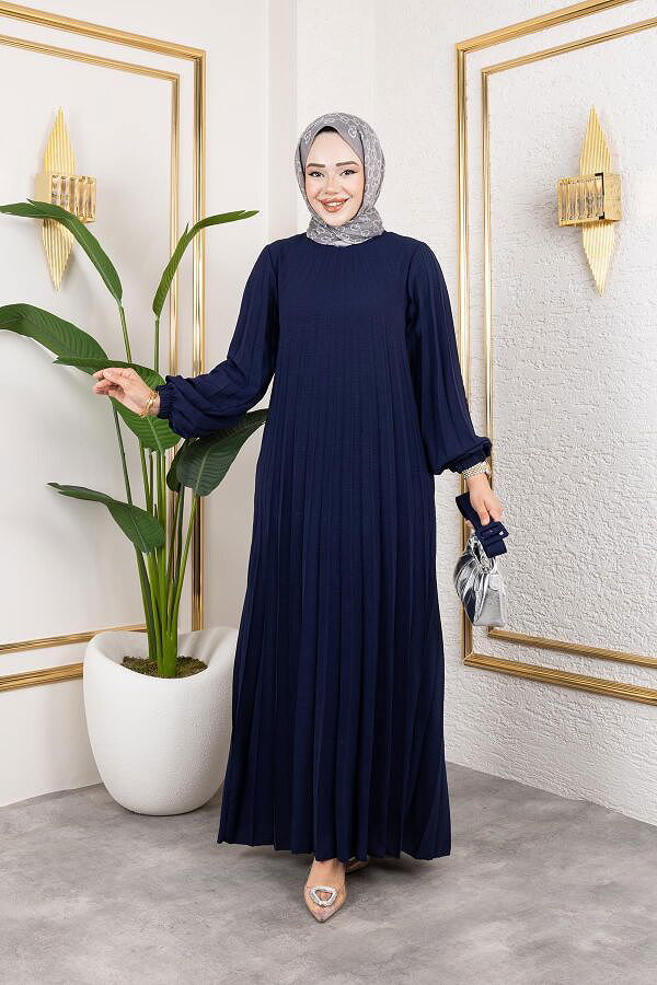 Kemerli Pliseli Tesettür Elbise-3042 Lacivert