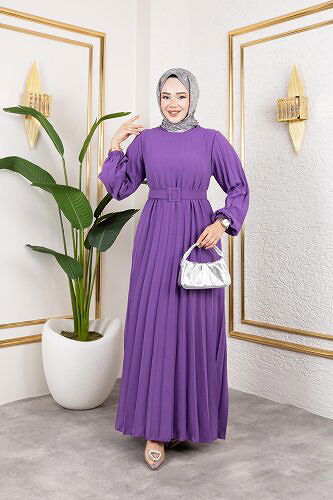 Kemerli Pliseli Tesettür Elbise-3042 Lila - Thumbnail