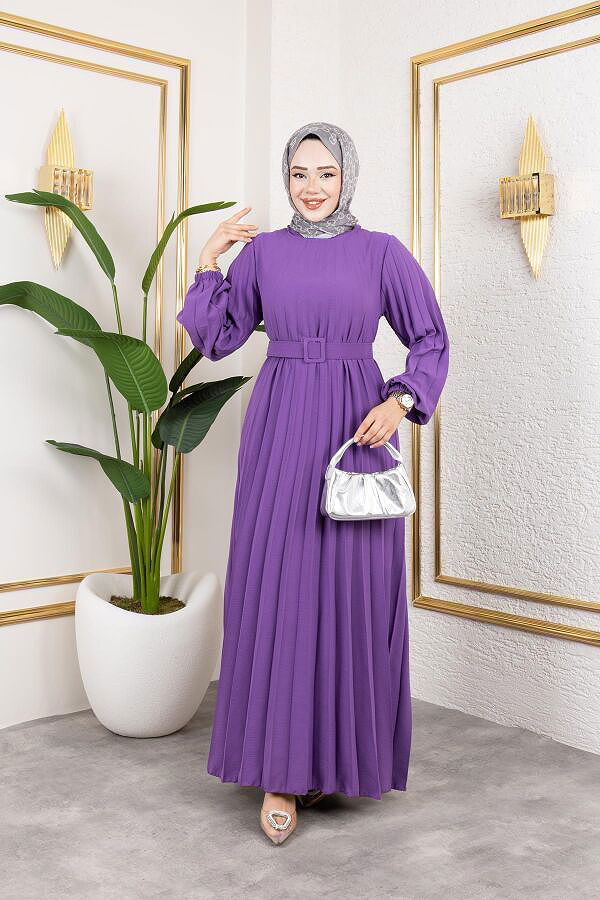 Kemerli Pliseli Tesettür Elbise-3042 Lila