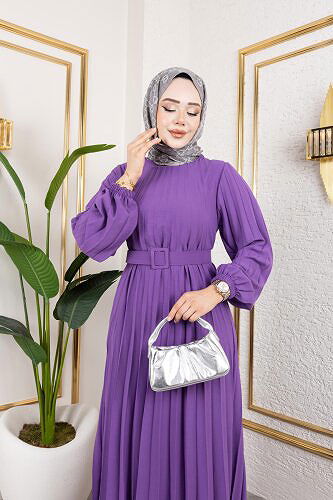 Kemerli Pliseli Tesettür Elbise-3042 Lila - Thumbnail